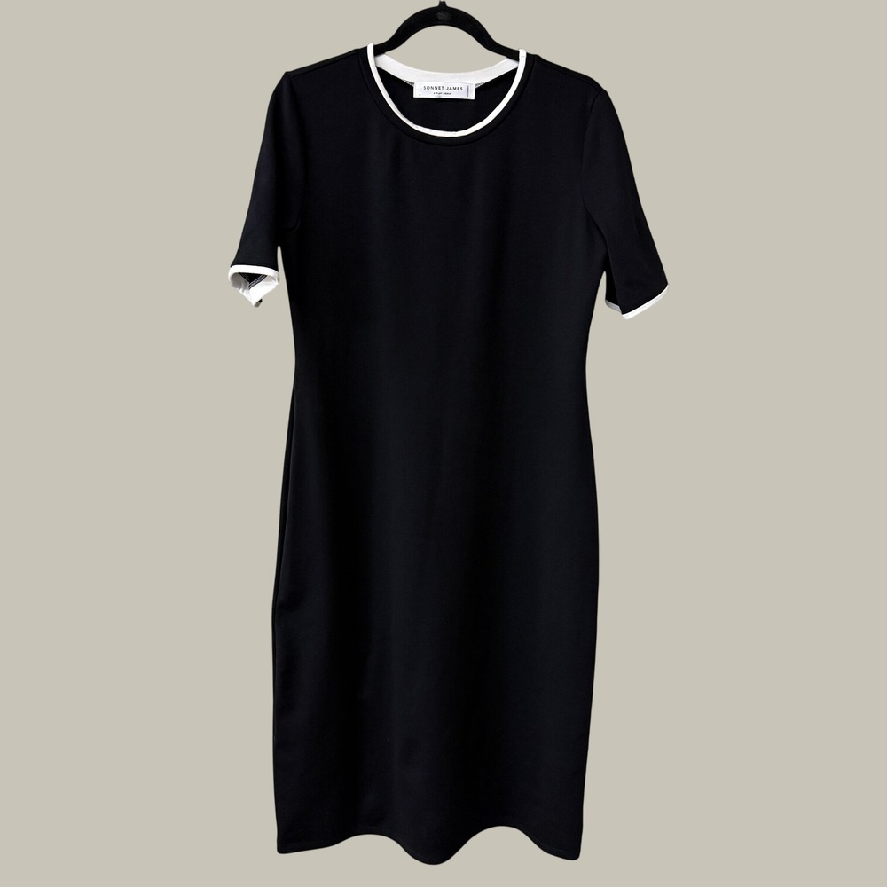 Sonnet James Womens Midi Play Dress Size Medium Black White Trim Short Sleeve